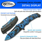 Close-up of haunted skull design on blade and handle